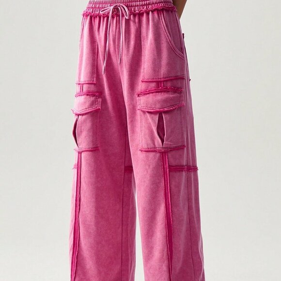 Hot Pink Casual Women's Vacation Knit Pocket Wide Leg Pants - Picture 6 of 7